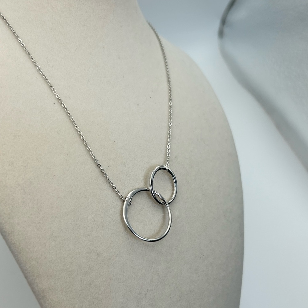 Sterling Silver Double Circle Necklace 18" Dainty Round Link Adjustable Chain - Picture 4 of 11